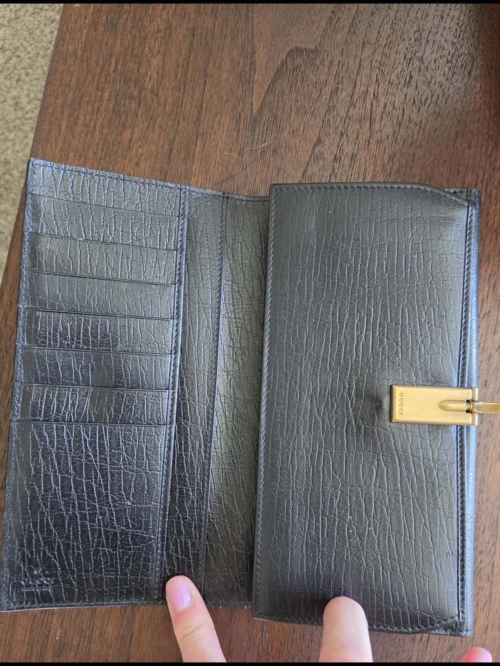 Gucci Black Leather Long Wallet with Gold-Tone Clasp